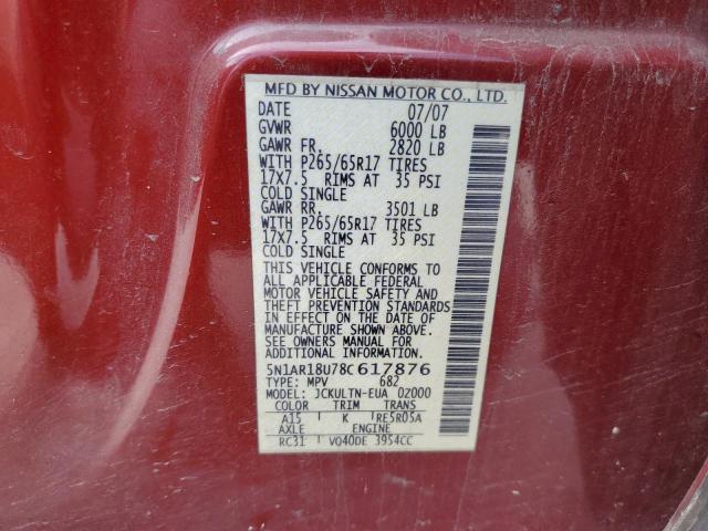Photo 10 from auction – 2008 NISSAN PATHFINDER with VIN 5N1AR18U78C617876