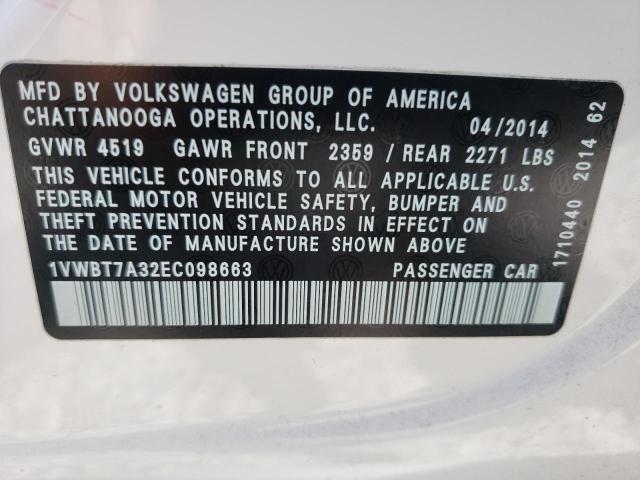 Photo 10 from auction – 2014 VOLKSWAGEN PASSAT SE with VIN 1VWBT7A32EC098663
