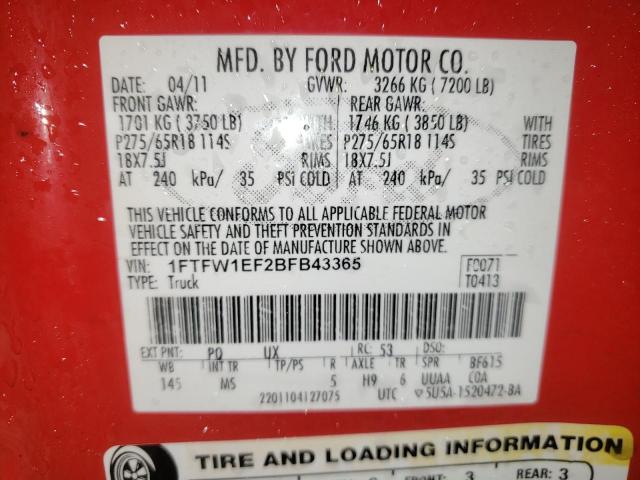 Photo 10 from auction – 2011 FORD F150 SUPER with VIN 1FTFW1EF2BFB43365