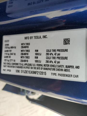 Photo 10 from auction – 2022 TESLA MODEL 3 with VIN 5YJ3E1EA9NF212815
