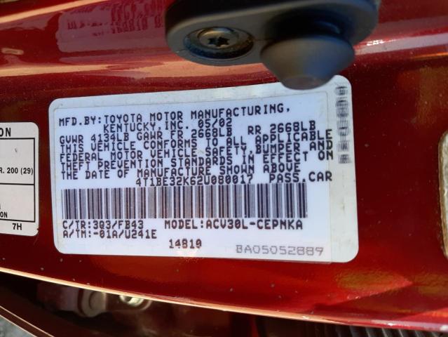 Photo 10 from auction – 2002 TOYOTA CAMRY LE with VIN 4T1BE32K62U080017