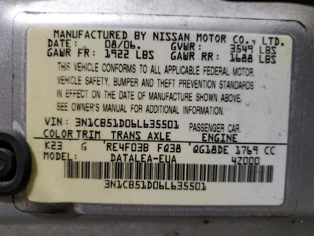 Photo 10 from auction – 2006 NISSAN SENTRA 1.8 with VIN 3N1CB51D06L635501