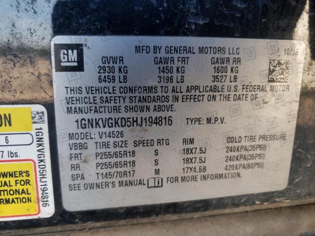 Photo 10 from auction – 2017 CHEVROLET TRAVERSE L with VIN 1GNKVGKD5HJ194816