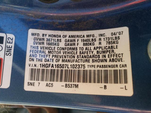 Photo 10 from auction – 2007 HONDA CIVIC with VIN 1HGFA16507L102375