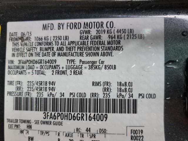 Photo 10 from auction – 2016 FORD FUSION SE with VIN 3FA6P0HD6GR164009
