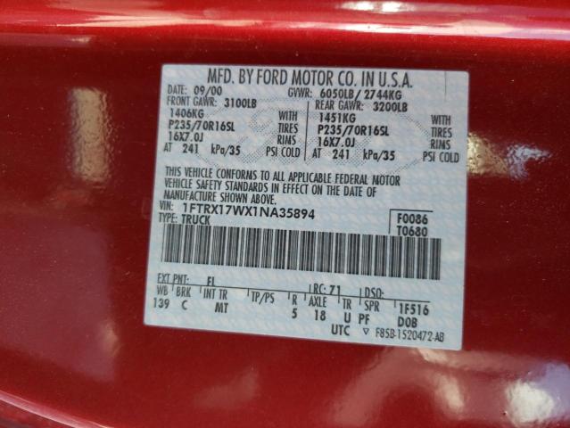 Photo 10 from auction – 2001 FORD F150 with VIN 1FTRX17WX1NA35894