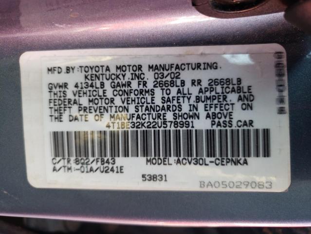 Photo 10 from auction – 2002 TOYOTA CAMRY LE with VIN 4T1BE32K22U578991