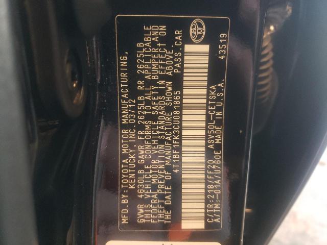 Photo 10 from auction – 2012 TOYOTA CAMRY BASE with VIN 4T1BF1FK3CU081865