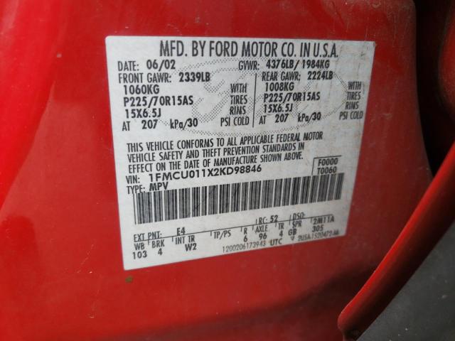 Photo 10 from auction – 2002 FORD ESCAPE XLS with VIN 1FMCU011X2KD98846