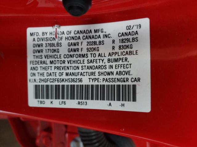 Photo 10 from auction – 2019 HONDA CIVIC LX with VIN 2HGFC2F65KH536256