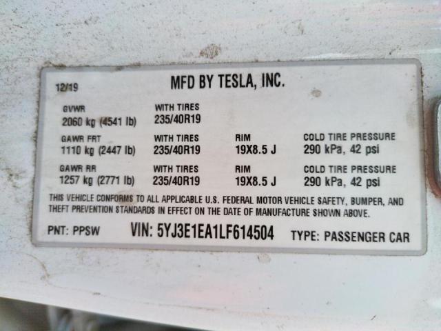 Photo 10 from auction – 2020 TESLA MODEL 3 with VIN 5YJ3E1EA1LF614504