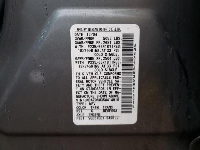 Photo 10 from auction – 2005 NISSAN MURANO SL with VIN JN8AZ08W35W414918