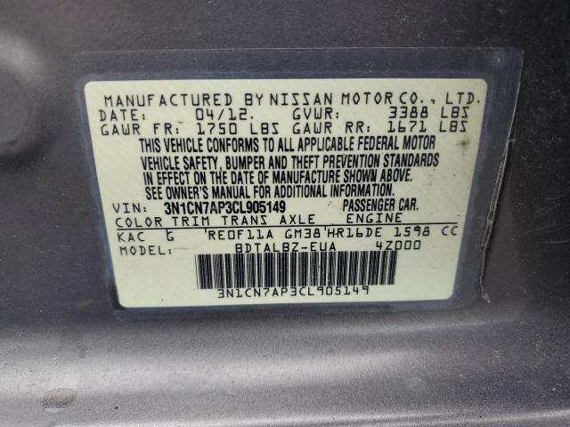 Photo 10 from auction – 2012 NISSAN VERSA S with VIN 3N1CN7AP3CL905149