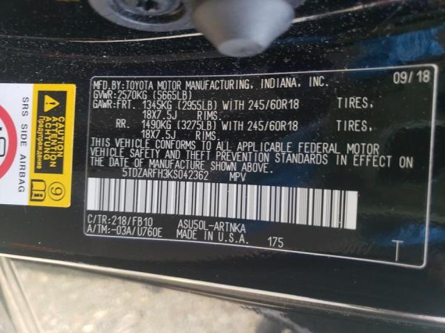 Photo 10 from auction – 2019 TOYOTA HIGHLANDER with VIN 5TDZARFH3KS042362