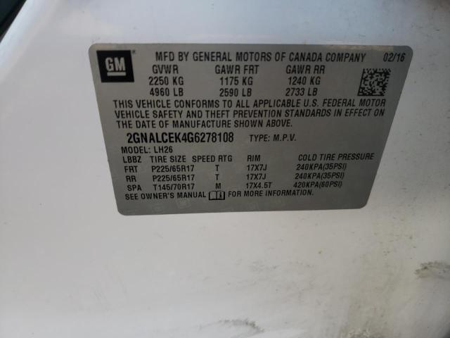 Photo 10 from auction – 2016 CHEVROLET EQUINOX LT with VIN 2GNALCEK4G6278108