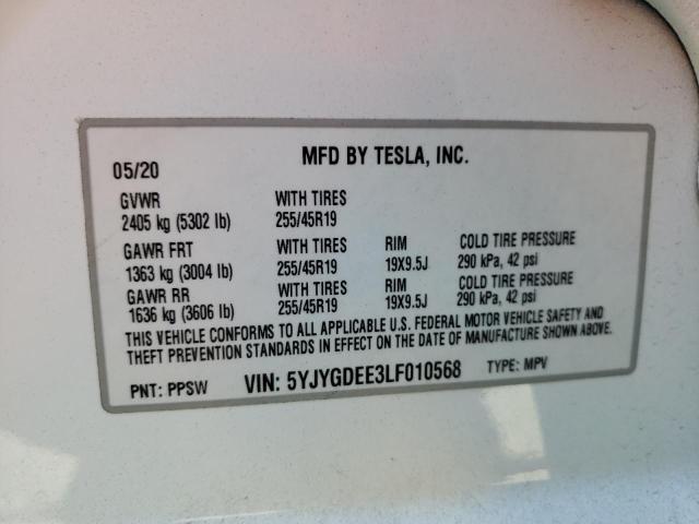 Photo 10 from auction – 2020 TESLA MODEL Y with VIN 5YJYGDEE3LF010568