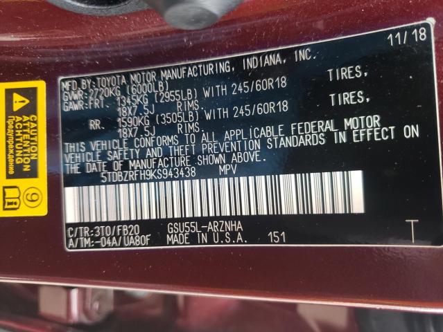 Photo 10 from auction – 2019 TOYOTA HIGHLANDER with VIN 5TDBZRFH9KS943438