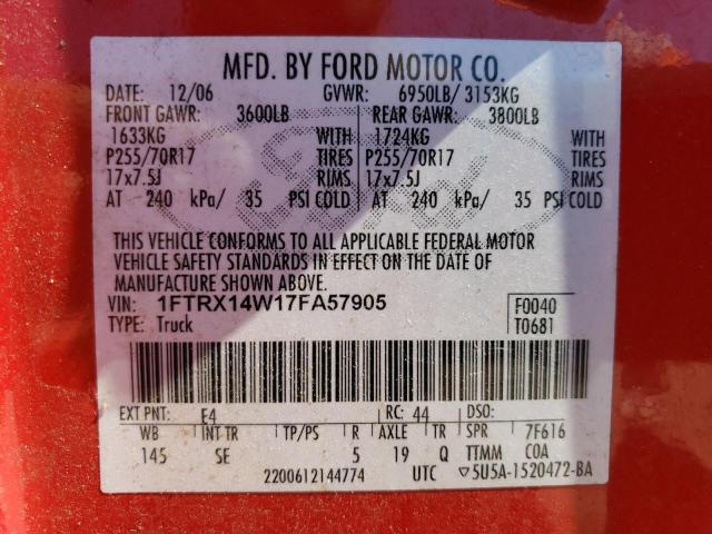 صورة رقم 10 من المزاد - 2007 FORD F150 مع VIN 1FTRX14W17FA57905