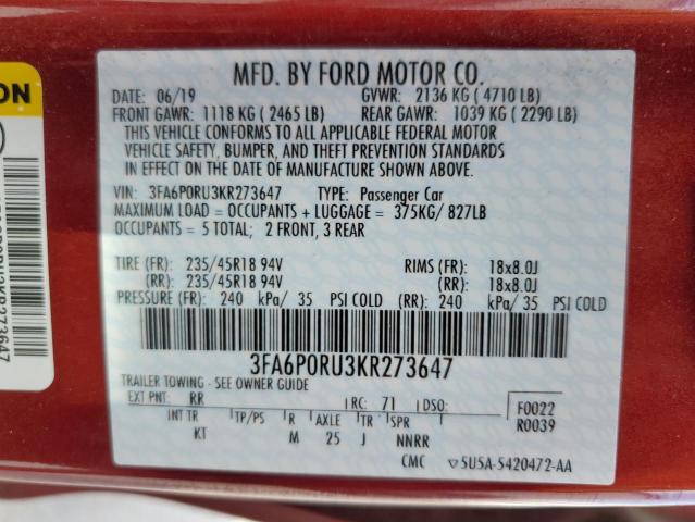 Photo 10 from auction – 2019 FORD FUSION TIT with VIN 3FA6P0RU3KR273647