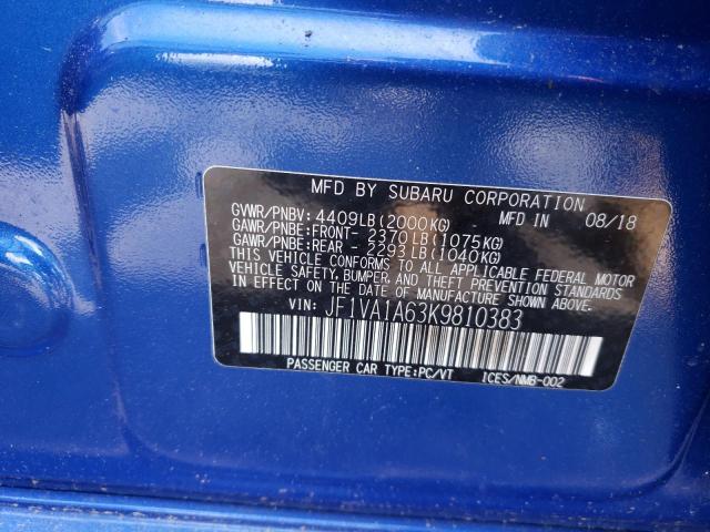 Photo 10 from auction – 2019 SUBARU WRX with VIN JF1VA1A63K9810383