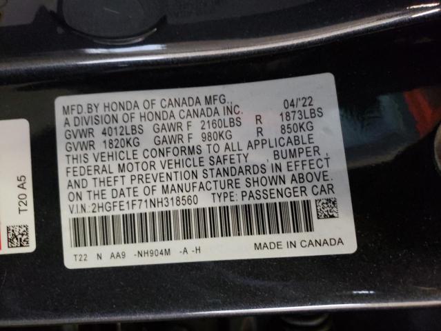 Photo 10 from auction – 2022 HONDA CIVIC EX with VIN 2HGFE1F71NH318560