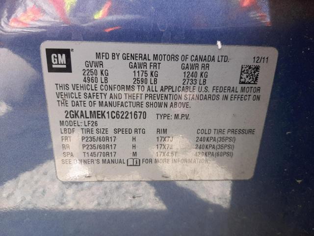 Photo 10 from auction – 2012 GMC TERRAIN SL with VIN 2GKALMEK1C6221670