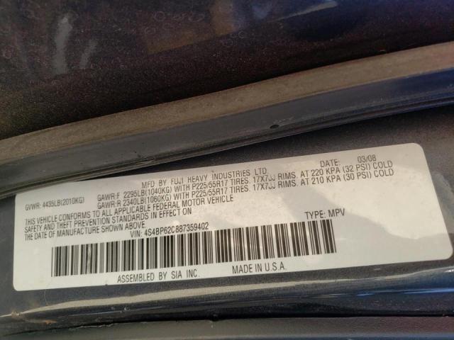 Photo 10 from auction – 2008 SUBARU OUTBACK 2. with VIN 4S4BP62C887359402