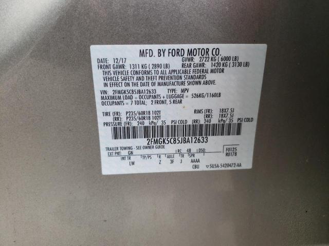 Photo 10 from auction – 2018 FORD FLEX SEL with VIN 2FMGK5C85JBA12633