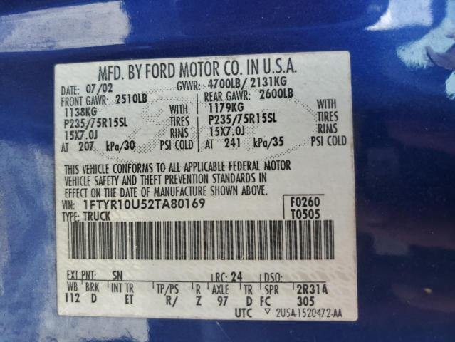 Foto 10 de la subasta – 2002 FORD RANGER con VIN 1FTYR10U52TA80169