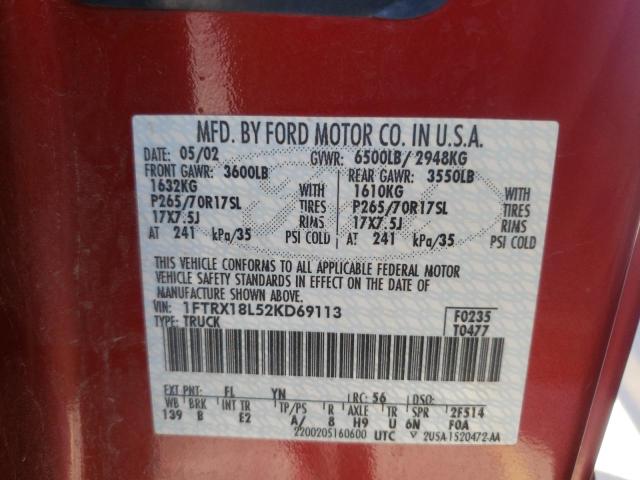Photo 10 from auction – 2002 FORD F150 with VIN 1FTRX18L52KD69113