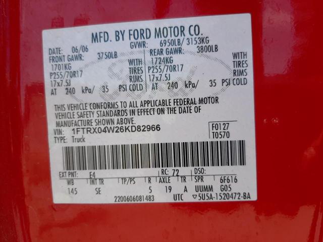 Photo 10 from auction – 2006 FORD F150 with VIN 1FTRX04W26KD82966