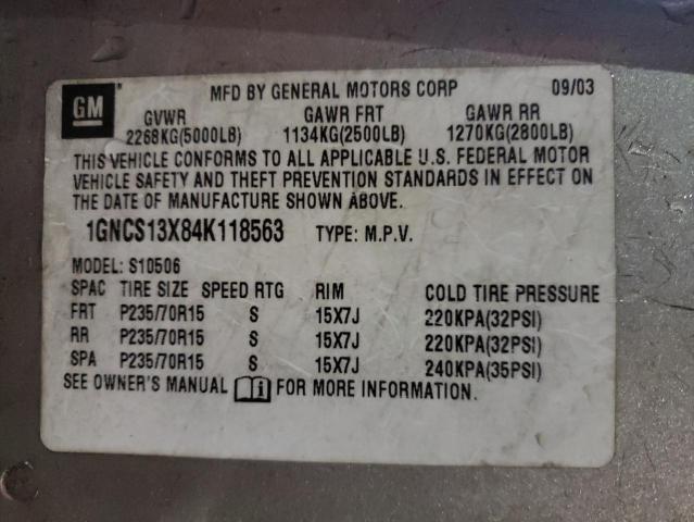 Photo 10 from auction – 2004 CHEVROLET BLAZER with VIN 1GNCS13X84K118563