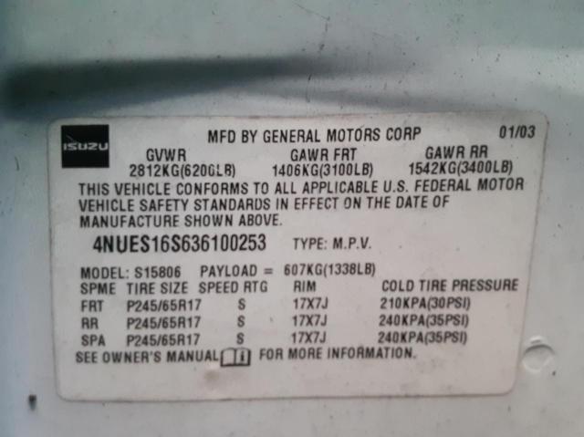 Photo 10 from auction – 2003 ISUZU ASCENDER S with VIN 4NUES16S636100253