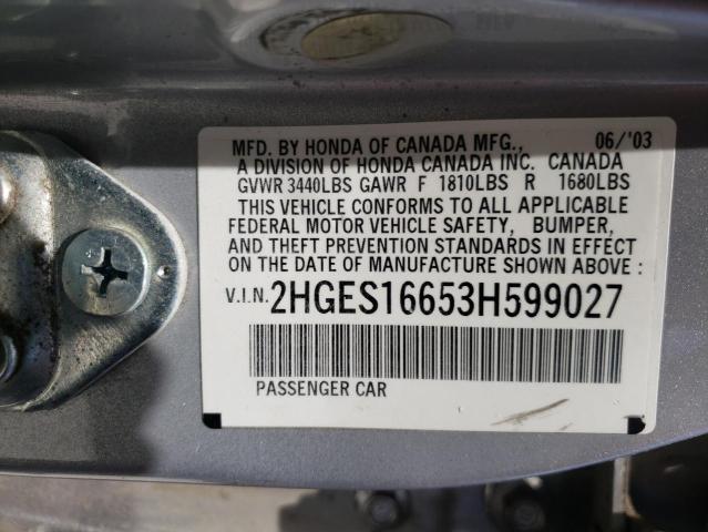 Photo 10 from auction – 2003 HONDA CIVIC LX with VIN 2HGES16653H599027