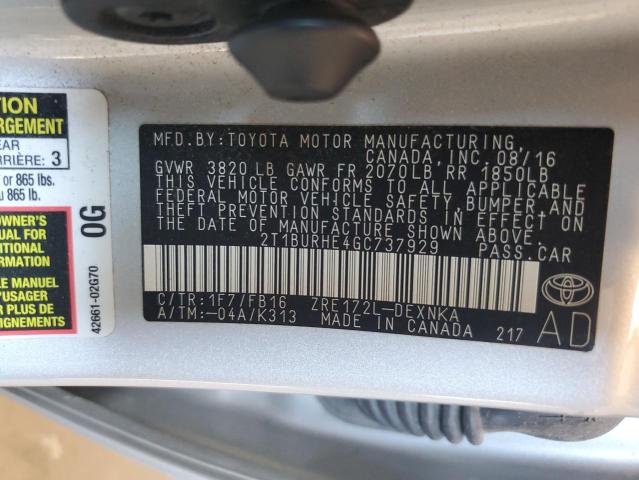 Photo 10 from auction – 2016 TOYOTA COROLLA L with VIN 2T1BURHE4GC737929