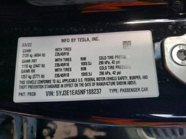 Photo 10 from auction – 2022 TESLA MODEL 3 with VIN 5YJ3E1EA5NF188237