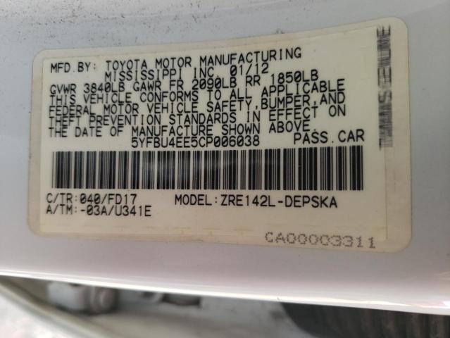 Photo 10 from auction – 2012 TOYOTA COROLLA BA with VIN 5YFBU4EE5CP006038