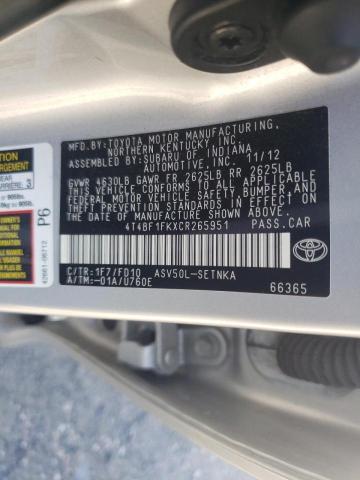 Photo 10 from auction – 2012 TOYOTA CAMRY BASE with VIN 4T4BF1FKXCR265951