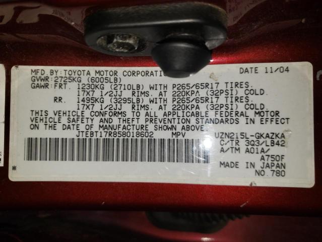Photo 10 from auction – 2005 TOYOTA 4RUNNER LI with VIN JTEBT17R858018602