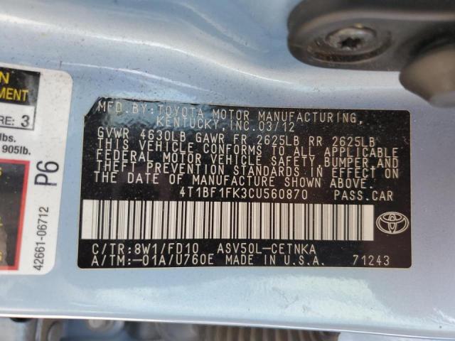 Photo 10 from auction – 2012 TOYOTA CAMRY BASE with VIN 4T1BF1FK3CU560870