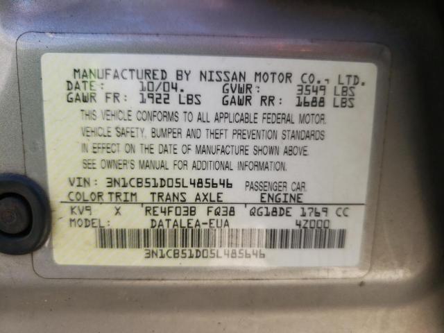 Photo 10 from auction – 2005 NISSAN SENTRA 1.8 with VIN 3N1CB51D05L485646