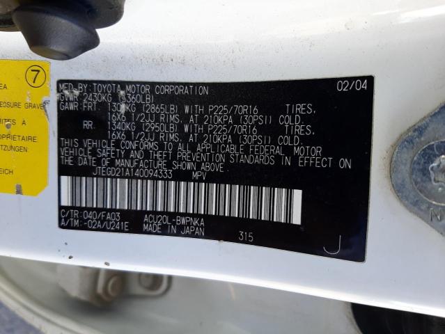 Photo 10 from auction – 2004 TOYOTA HIGHLANDER with VIN JTEGD21A140094333