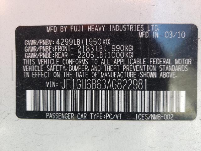 Photo 10 from auction – 2010 SUBARU IMPREZA 2. with VIN JF1GH6B63AG822981