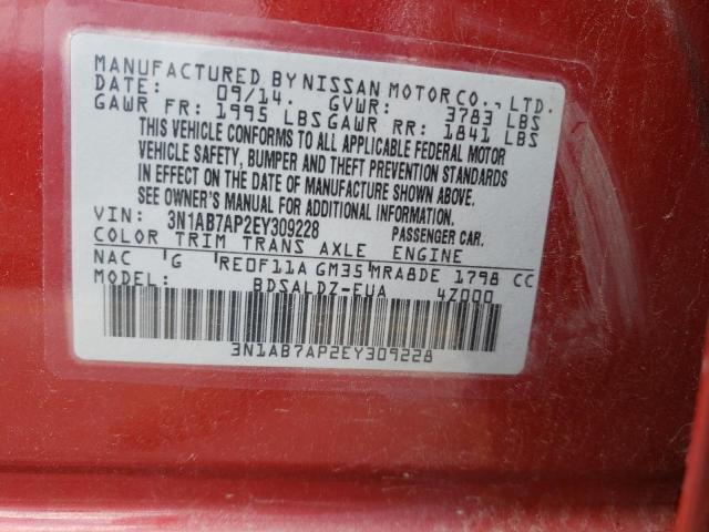 Photo 10 from auction – 2014 NISSAN SENTRA S with VIN 3N1AB7AP2EY309228