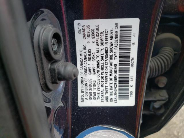 Photo 10 from auction – 2019 HONDA CIVIC LX with VIN 2HGFC2F69KH563668