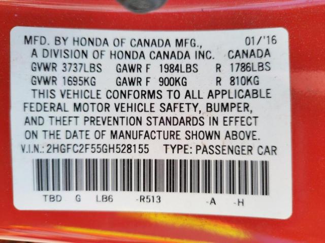 Photo 10 from auction – 2016 HONDA CIVIC LX with VIN 2HGFC2F55GH528155