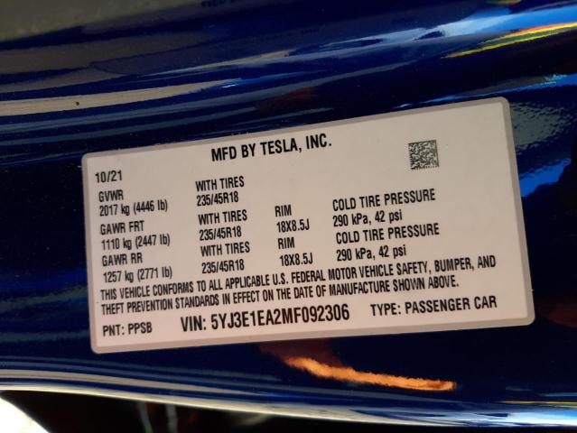 Photo 10 from auction – 2021 TESLA MODEL 3 with VIN 5YJ3E1EA2MF092306