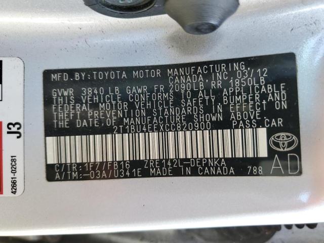Photo 10 from auction – 2012 TOYOTA COROLLA BA with VIN 2T1BU4EEXCC820900