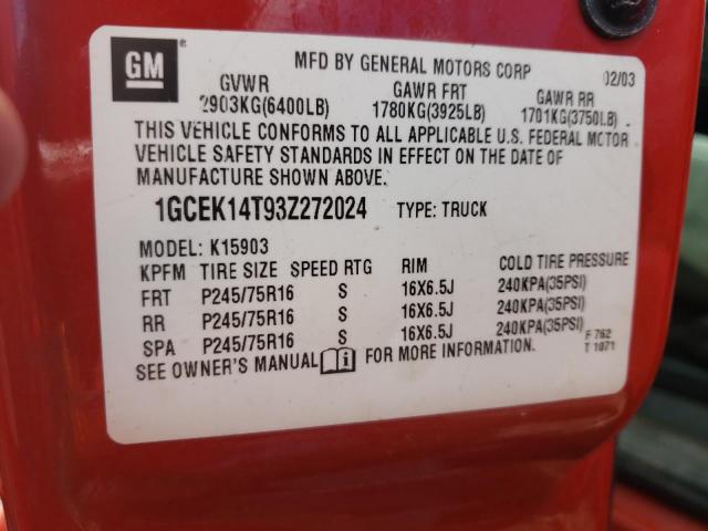 Photo 10 from auction – 2003 CHEVROLET SILVERADO with VIN 1GCEK14T93Z272024