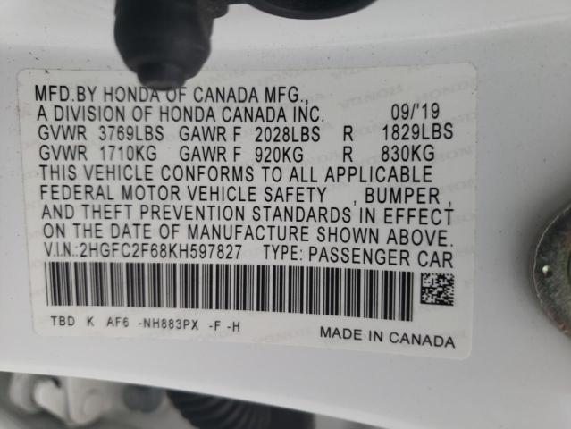 Photo 10 from auction – 2019 HONDA CIVIC LX with VIN 2HGFC2F68KH597827